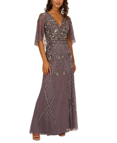 Women's Embellished Cape-Sleeve Gown