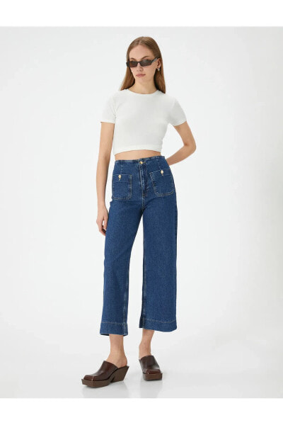 Kısa Geniş Paça Kot Pantolon Yüksek Bel Rahat Kalıp Önden Cep Detaylı - Sandra Culotte Jeans