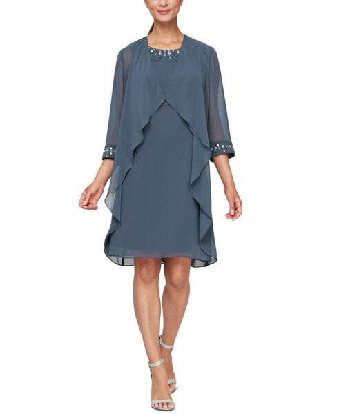 Women's Embellished-Neck Long Overlay Jacket Dress