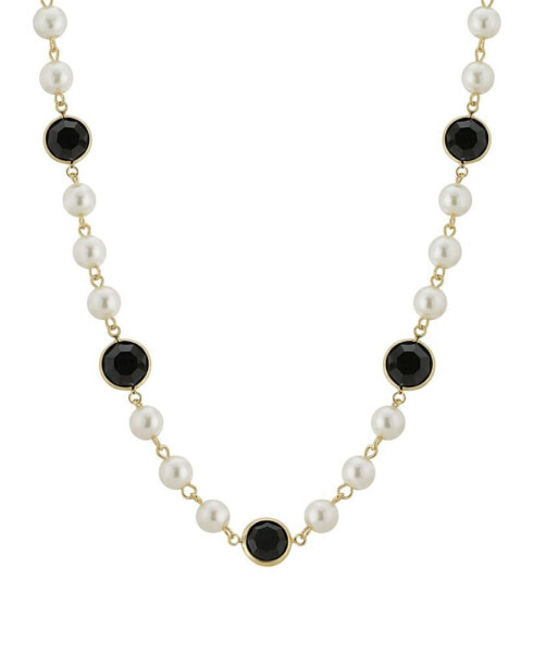 2028 gold-Tone Imitation Pearl with Black Channels 16" Adjustable Necklace