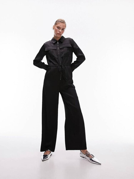 Topshop satin cargo jumpsuit in black