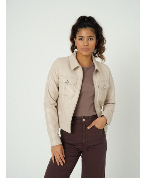 Women's Denim Style Zipper Nappa Jacket,Beige