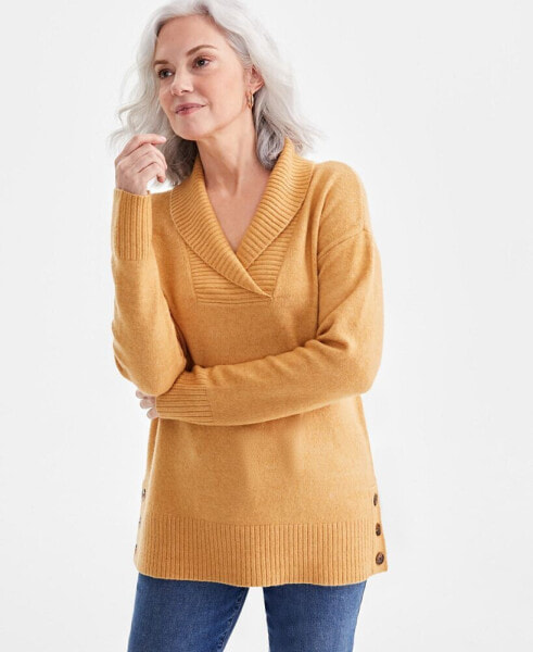 Petite Shawl-Collar Button-Trim Tunic Sweater, Created for Macy's