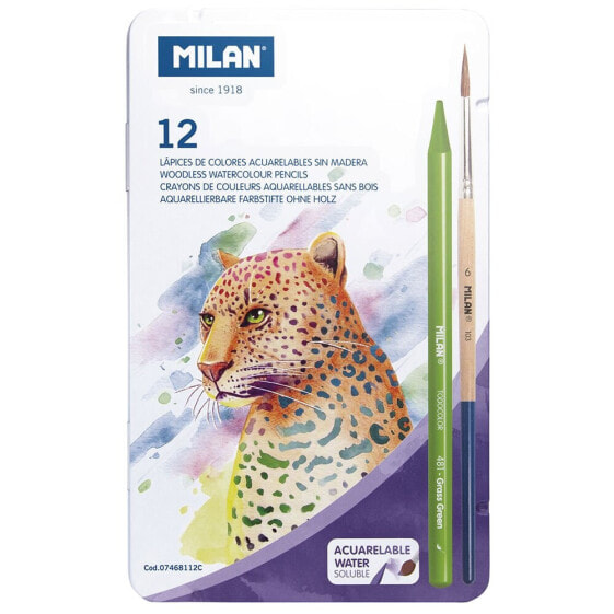 MILAN Metal Box 12 Woodless Watersoluble Colour Pencils+1 Brush