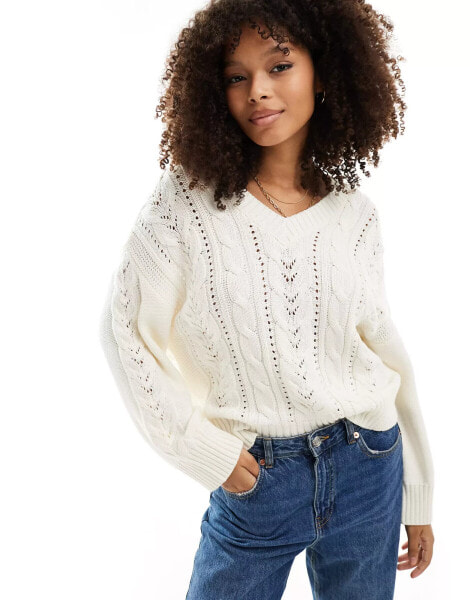 ASOS DESIGN v neck cable jumper in cream