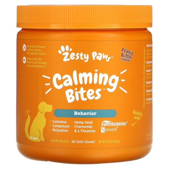 Витамины и добавки для собак Zesty Paws Calming Bites, Антистресс, 90 мягких конфет, арахис, 12.7 унций (360 г)