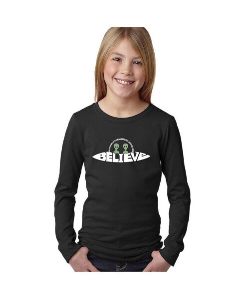 Child Believe UFO - Girl's Word Art Long Sleeve T-Shirt