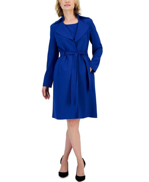 Women's Crepe Belted Trench Jacket & Sheath Dress Suit, Regular and Petite Sizes