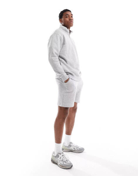 DTT half zip sweatshirt & jersey short set in light grey marl