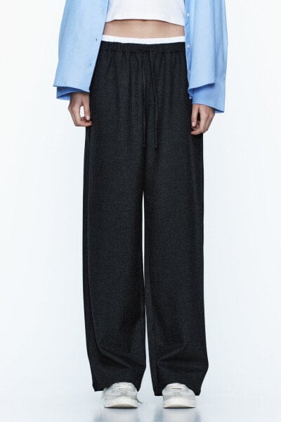 Wide-leg flannel trousers with double waistband