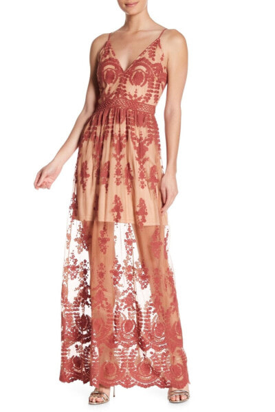 Dress Forum 157790 Women's Embroidered Mesh Maxi Dress Nude/Mauve Sz. Small