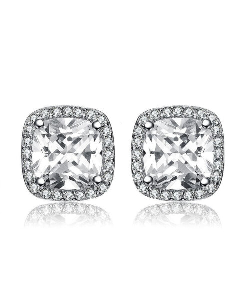 Sterling Silver Cubic Zirconia Vintage Cushion Cluster Halo Stud Earrings