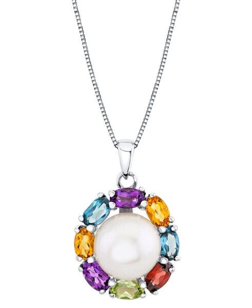 Cultured Freshwater Pearl (10mm) Multi-Gemstone (2-1/3 ct. t.w.) Halo 18" Pendant Necklace in Sterling Silver