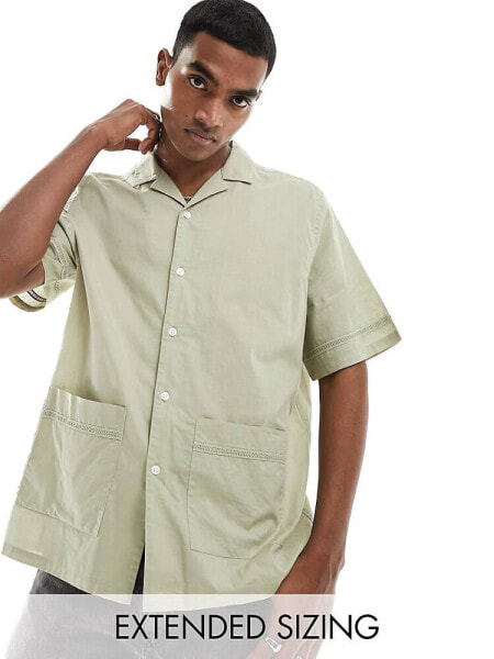 ASOS DESIGN relaxed revere shirt in cotton poplin with trim in olive green