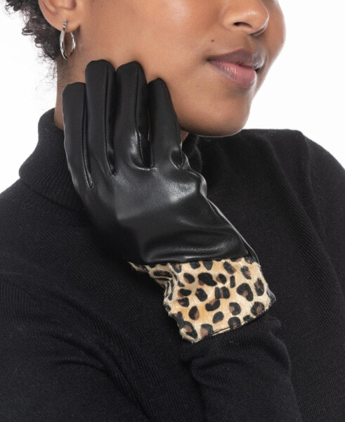 Inc International Concepts 289603 Animal-Print-Trim Faux Leather Gloves, Large