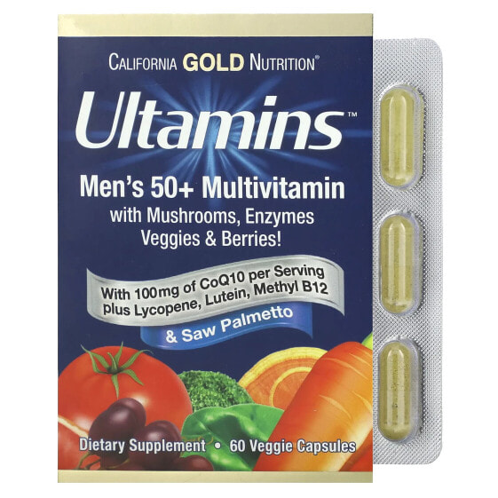 Витамины для мужчин California Gold Nutrition Ultamins 50+ с коэнзимом Q10, грибами, ферментами, овощами и ягодами, 60 вегетарианских капсул