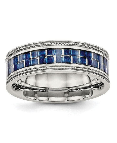 Stainless Steel Blue Fiber Inlay Textured Edge 8mm Band Ring