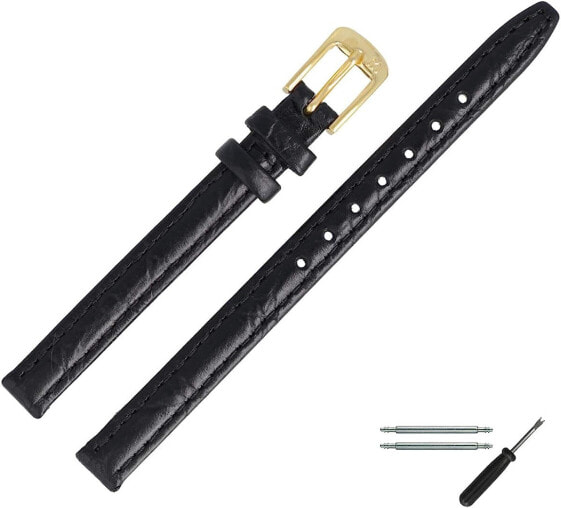 MARBURGER Watch Strap 10 mm Leather Black Crocodile (Caiman) Embossing with Stitching - Tool Assembly Set 5291010000220, black, Strap.