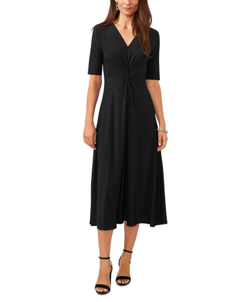 Women's V-Neck Twist-Front Elbow-Sleeve Midi Dress