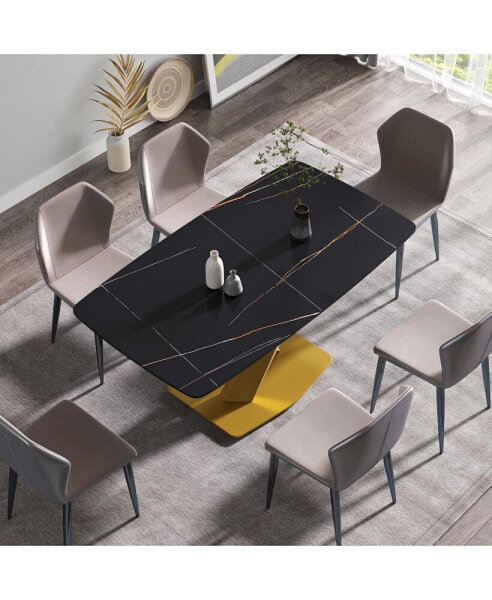 63" Modern Artificial Stone Black Curved Golden Metal Leg Dining Table -6 People