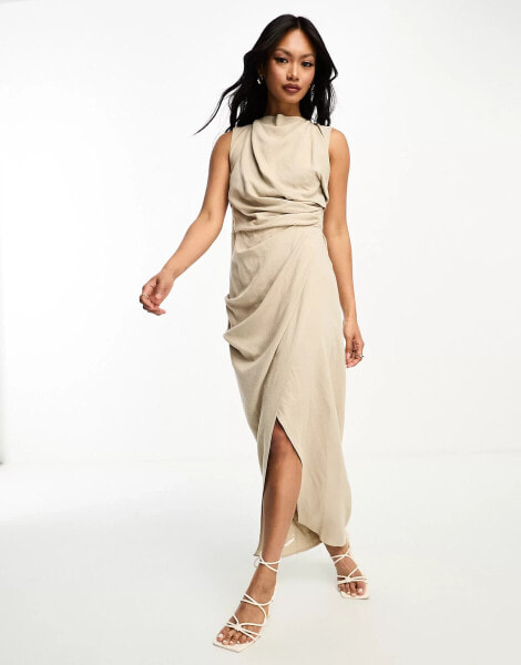 ASOS DESIGN linen drape midi dress with wrap skirt in stone