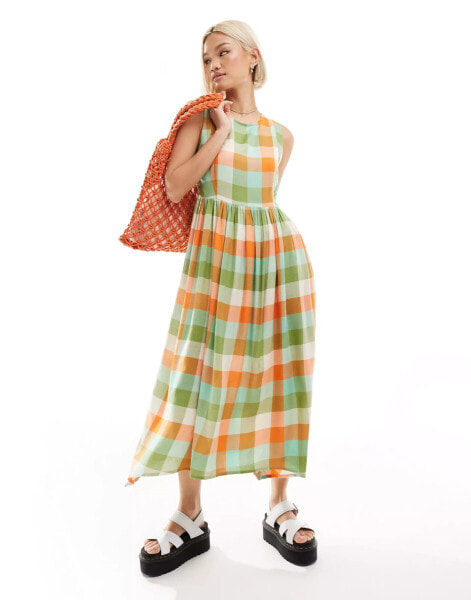 Native Youth gingham midaxi smock dress in green and orange