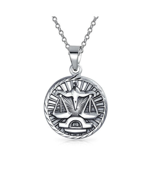 Libra Zodiac Sign Astrology Horoscope Round Medallion Pendant For Men Women Necklace Antiqued Sterling Silver