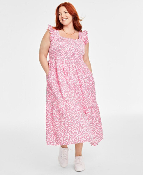 Trendy Plus Size Cotton Ditsy-Print Smocked Midi Dress, Created for Macy's