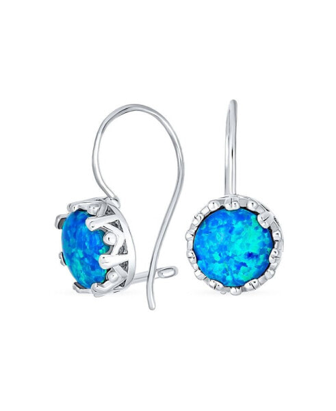 Antique Filigree Royal Crown Setting Round Solitaire Blue Created Synthetic Opal Drop Earrings For Women Sterling Silver French Wire