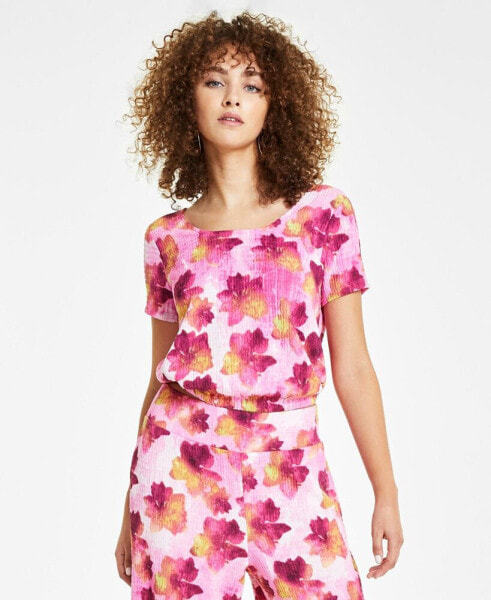 Petite Textured Print Round-Neck Short-Sleeve Top, Created for Macy's