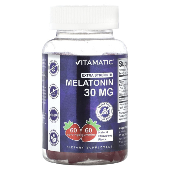 Vitamatic, Мелатонин повышенной силы, натуральная клубника, 30 мг, 60 жевательных таблеток