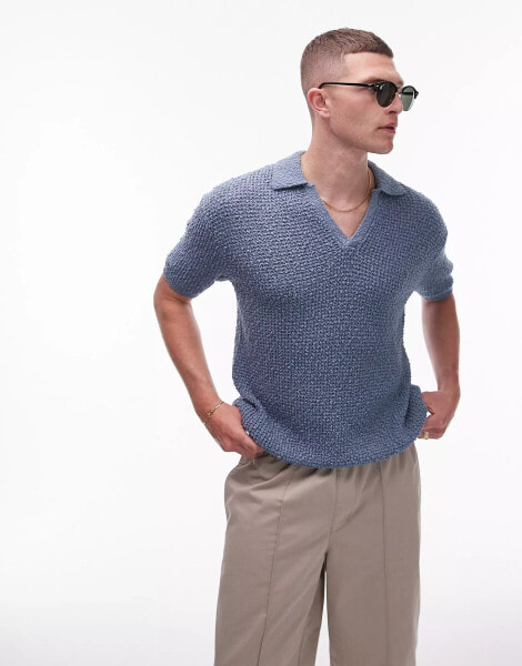 Topman knitted cotton revere polo in blue