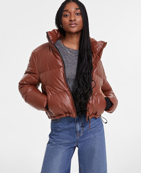 Women's Cropped Zip-Front Faux-Leather Puffer Coat