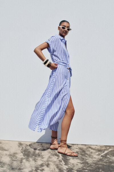 STRIPED LINEN BLEND MIDI SHIRT DRESS