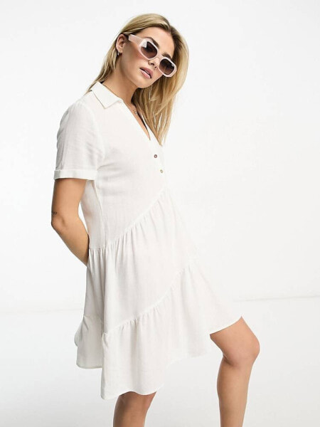 Stradivarius linen look tiered shirt mini dress in white