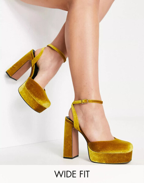 ASOS DESIGN Wide Fit Peaked platform high heeled shoes in mustard velvet