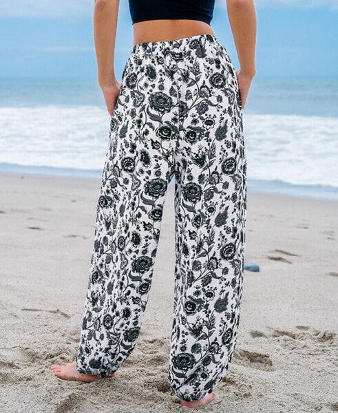 Women's Black & White Floral Elastic Waist Tapered Leg Pants