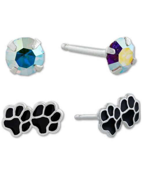 2-Pc. Set Crystal Solitaire & Pawprint Stud Earrings in Sterling Silver, Created for Macy's