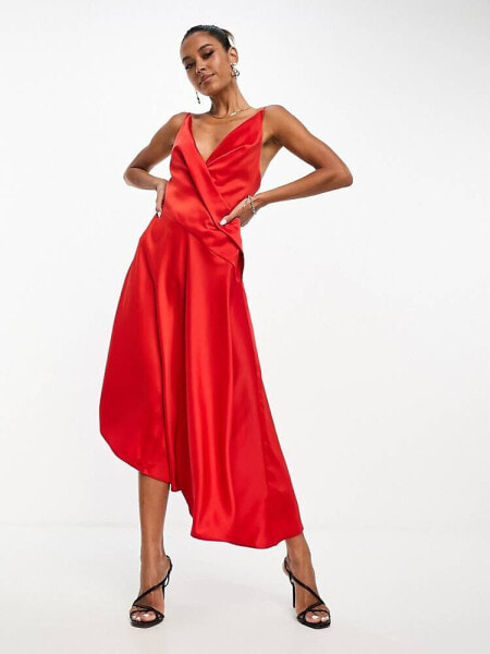 ASOS DESIGN satin cami drape midi dress with graduated hem in red