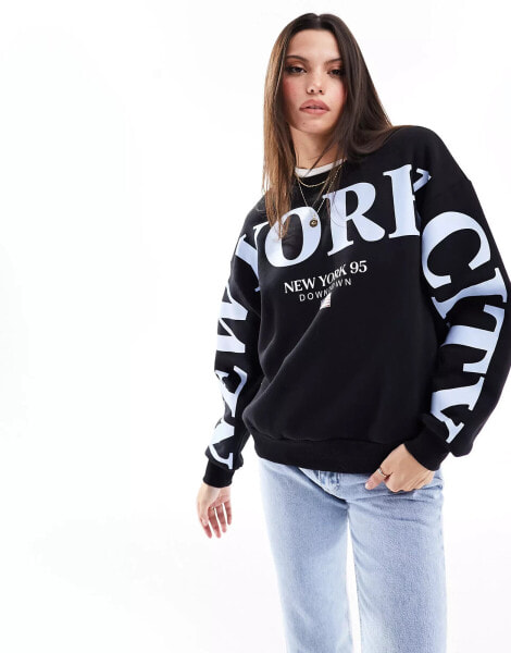 Stradivarius new york graphic sweatshirt in black