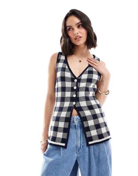 ASOS DESIGN knitted split front v neck waistcoat in navy gingham