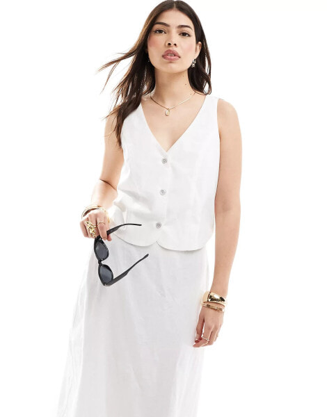 ASOS DESIGN button through linen midi dress with cut out detail in white