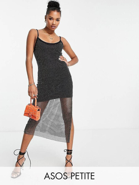 ASOS DESIGN Petite strappy all over diamante midi dress in black