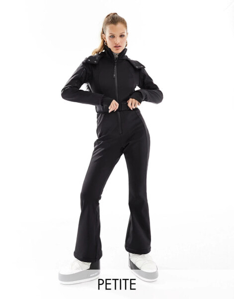 ASOS 4505 Ski Petite water repellent belted ski suit with faux fur hood in black