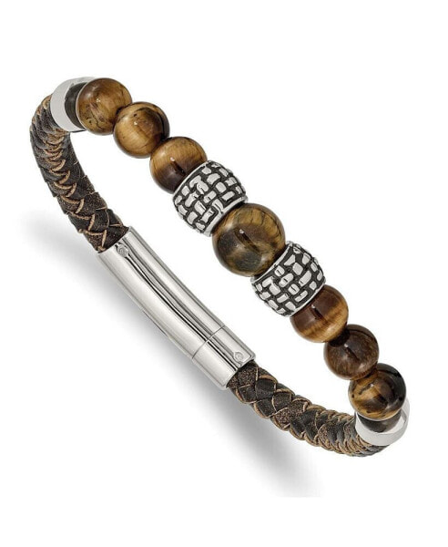 Stainless Steel Tiger's Eye Beads Brown Leather Bracelet