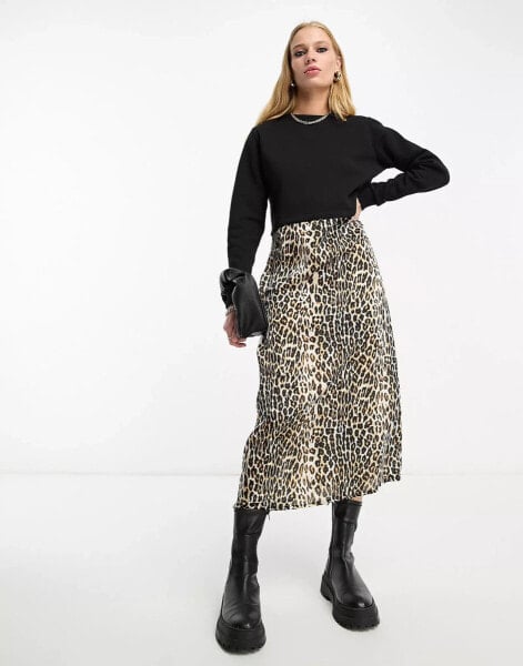 River Island – Hybrid-Pulloverkleid mit Leopardenmuster