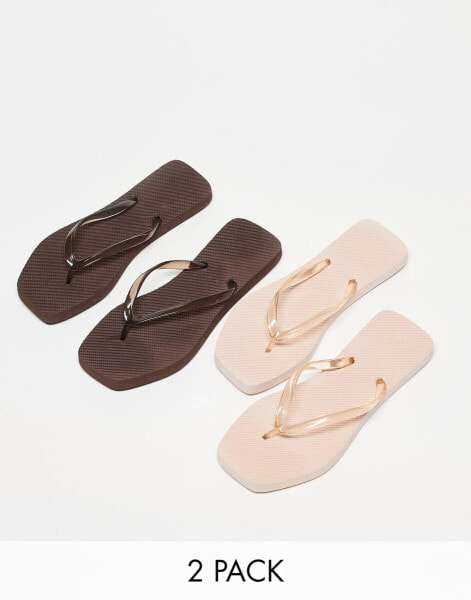 Truffle Collection 2 pack square toe flip flops in beige and brown