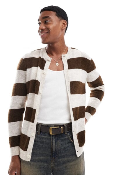 ASOS DESIGN knitted textured cardigan with stripe pattern in brown