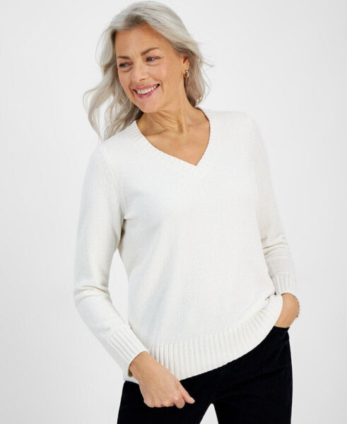 Petite Chenille V-Neck Pullover Sweater, Created for Macy's