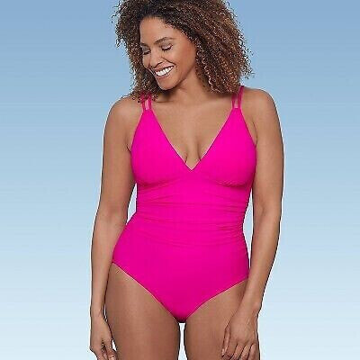 Women's UPF 50 V-Neck Shirred One Piece Swimsuit - Aqua Green Pink L